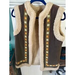 VINTAGE FAUX FUR LINED PENNY LANE FAUX SUEDE SHEARLING VEST HIPPIE BOHO